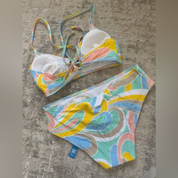 Cupshe Palm Beach Tie Front Lace Up Bralette & Mid Rise Bikini Swimsuit … - Picture 4 of 5
